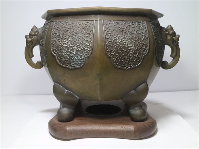 割引‼️『母』 古銅 瓔珞文 獣足 遊鐶 瓶掛 煎茶道具 （あ④） ④◇古銅 瓶掛 火鉢 鬼面耳・唐草紋 八面 底印◇煎茶