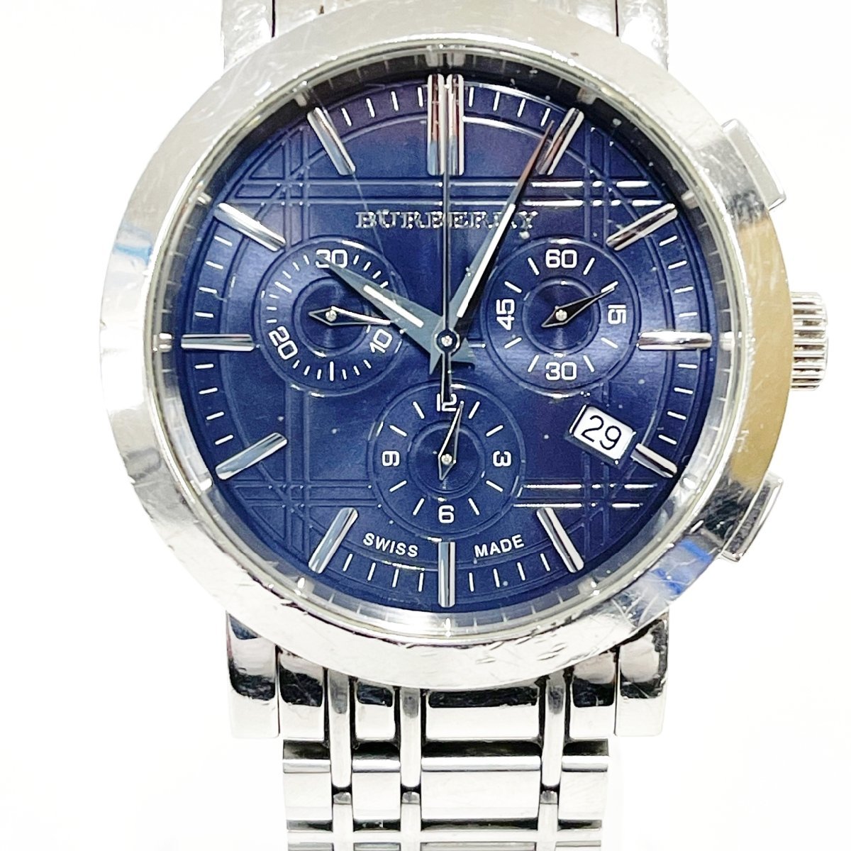 【1円スタート】BURBERRY バーバリー BU1360 ヘリテージ クロノグラフ SS ネイビー文字盤 クオーツ メンズ腕時計 ジャンク 182626