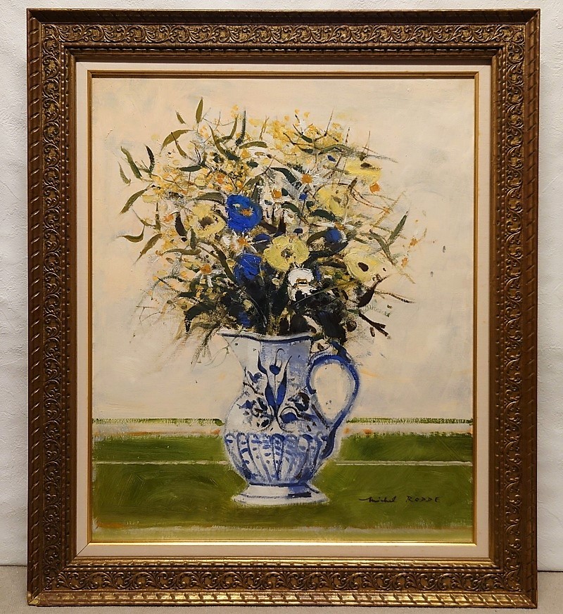h0542 真作保証 油彩 静物画 花の絵 薔薇 ミッシェル・ロッド 「水差し