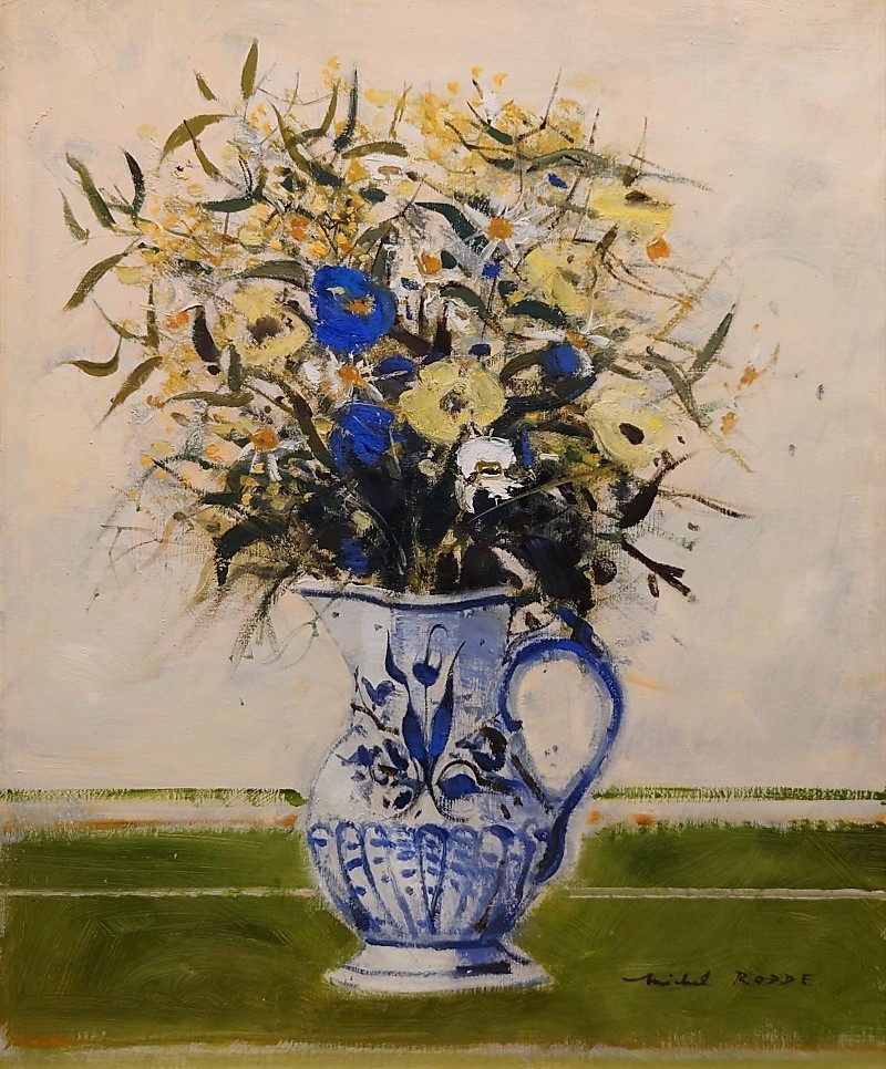 h0542 真作保証 油彩 静物画 花の絵 薔薇 ミッシェル・ロッド 「水差し