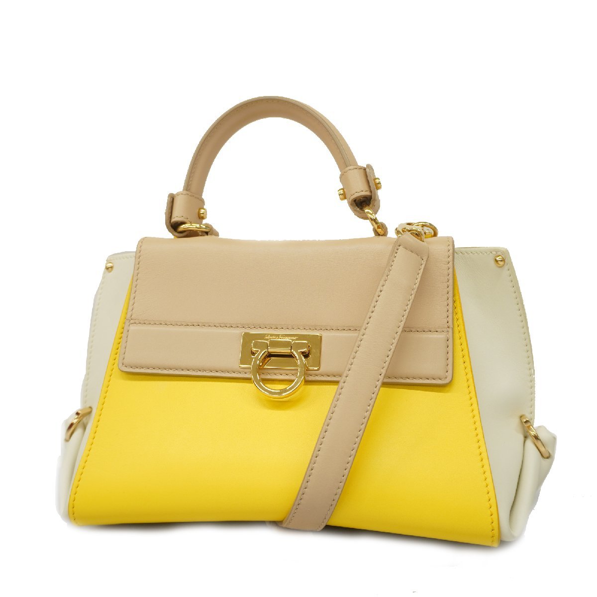 ★SALE【3xd4878】サルヴァトーレフェラガモ 2wayバッグ ガンチーニ ソフィア レザー イエロー/ベージュ/ホワイト ゴールド金具