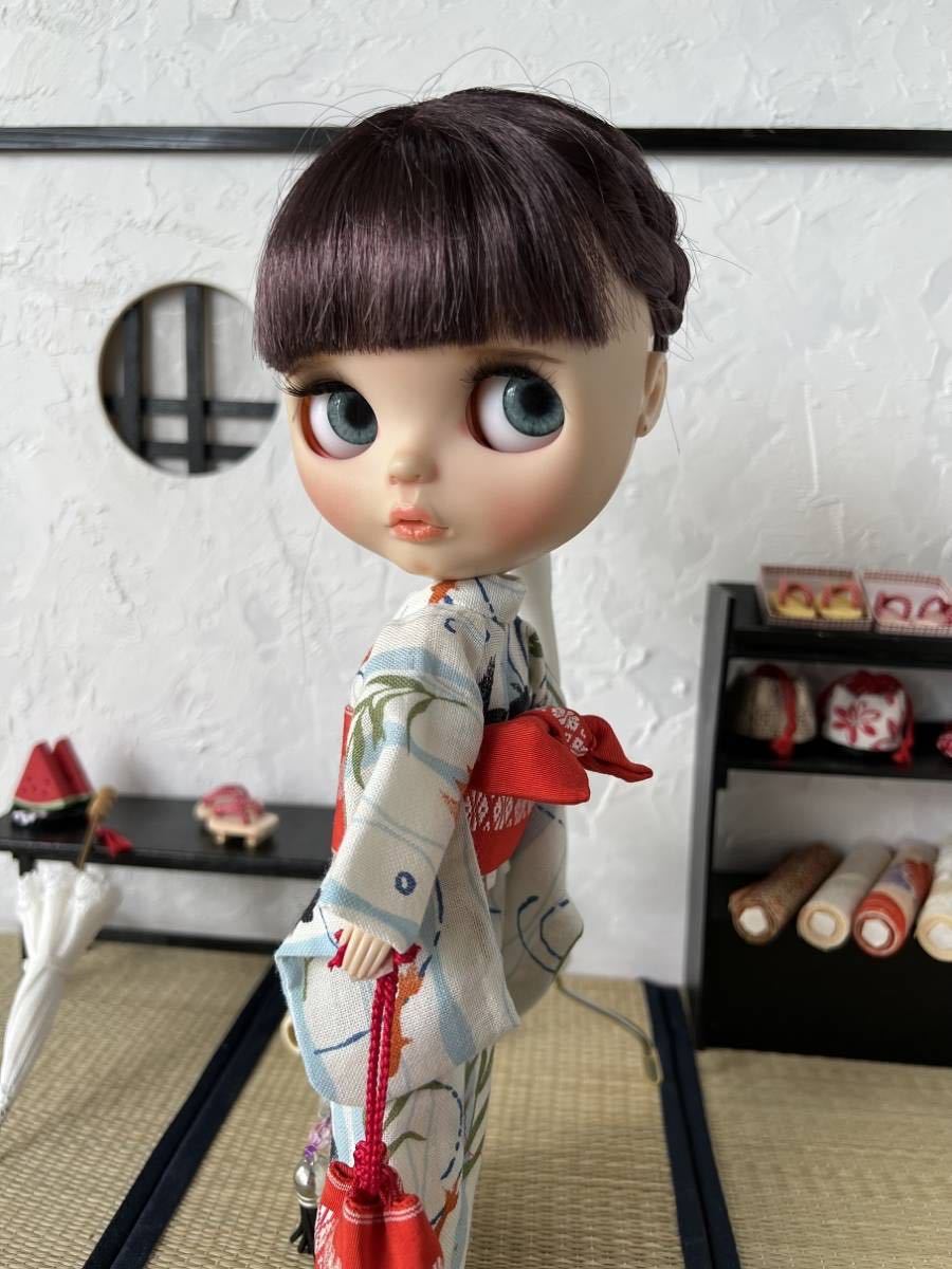 シズママ呉服店】ブライス 浴衣フルセット カゴ巾着 日傘 下駄 団扇 