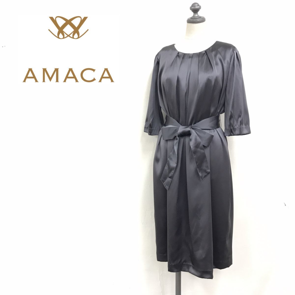 S458-K◇良品 AMACA アマカ 半袖ワンピース◇size40 グレー シルク 