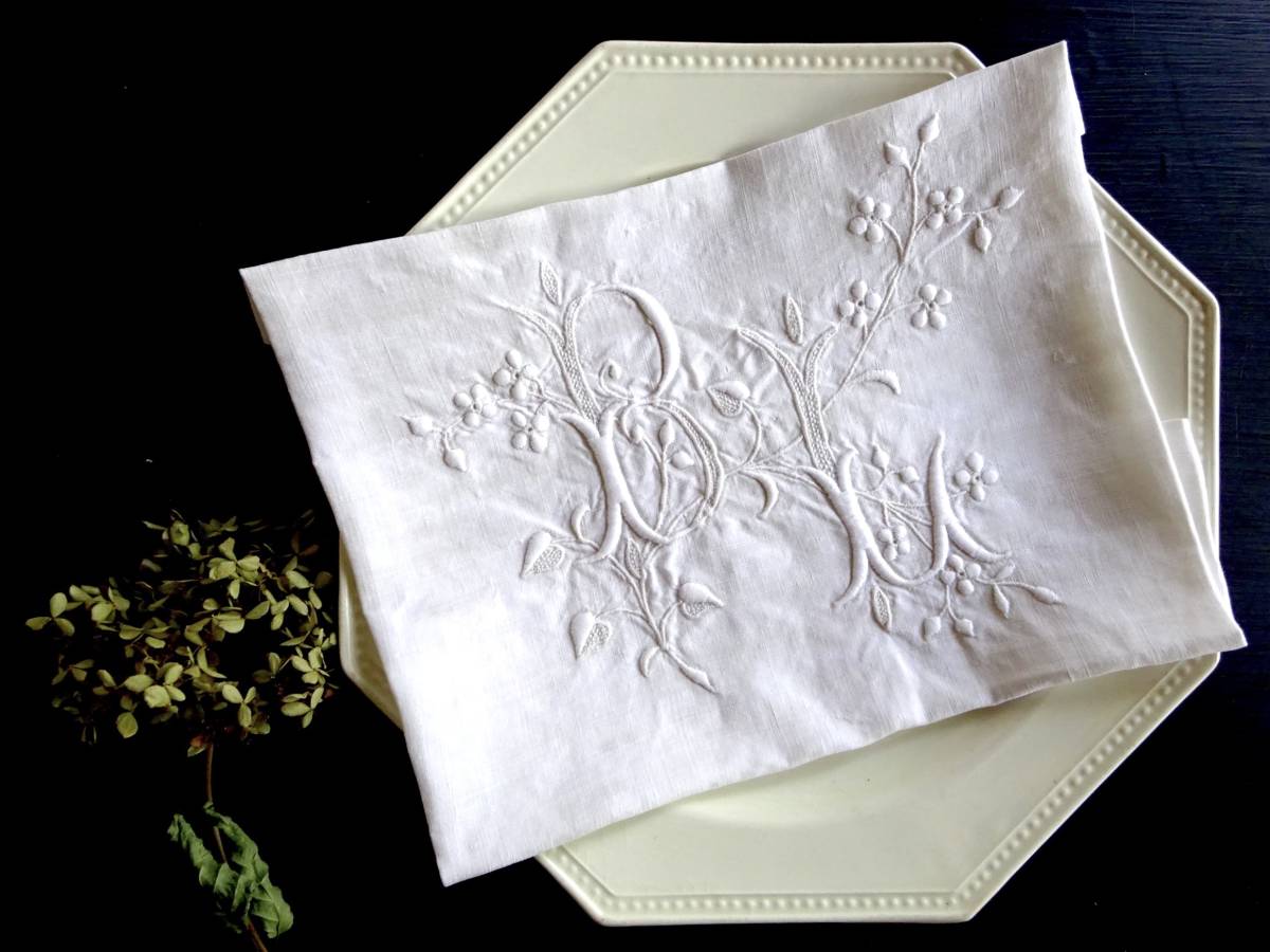 19世紀フランス刺繍 19世紀末-20世紀初期 フランス リネン 立体 刺繍