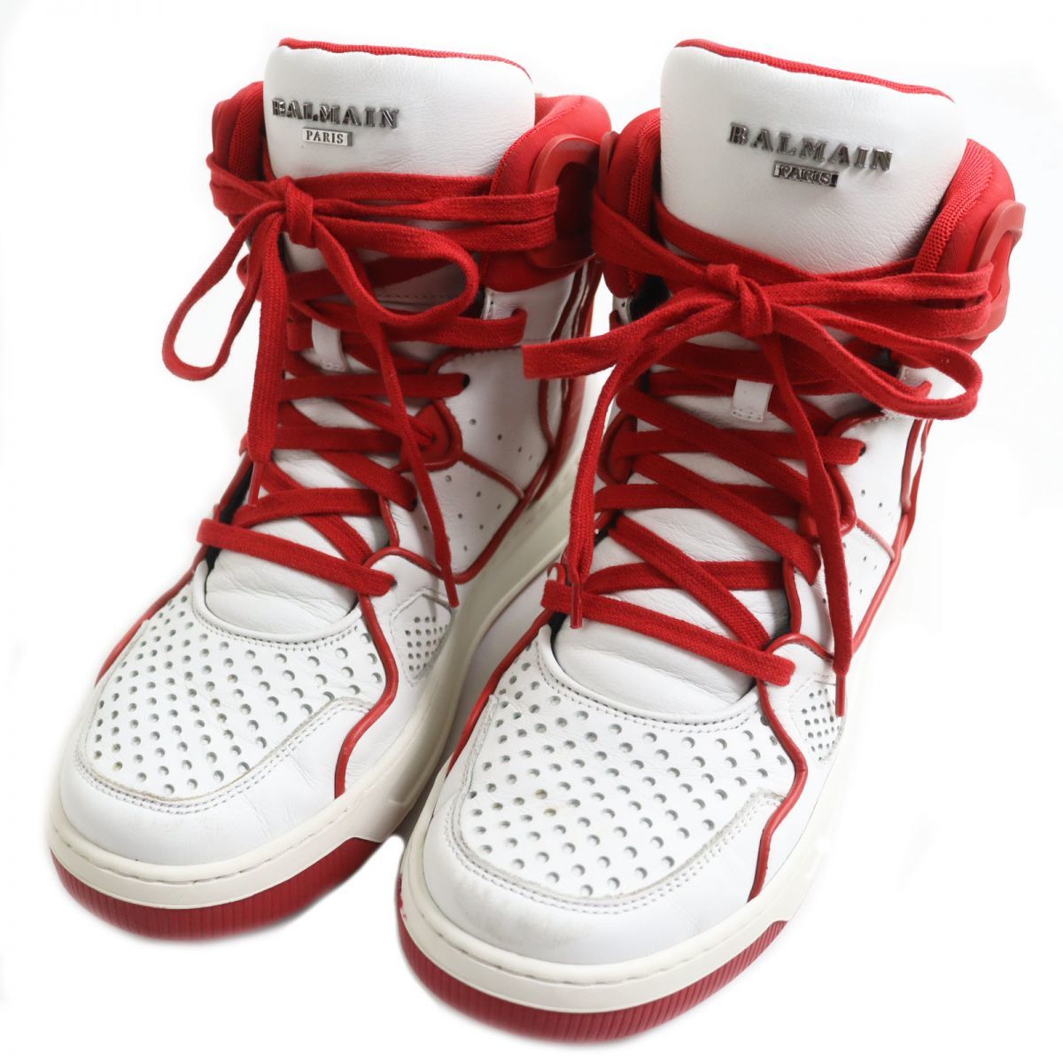 美品●BALMAIN バルマン ロゴ入り レースアップ レザーハイカットスニーカー ホワイト ×レッド 41 イタリア製 メンズ
