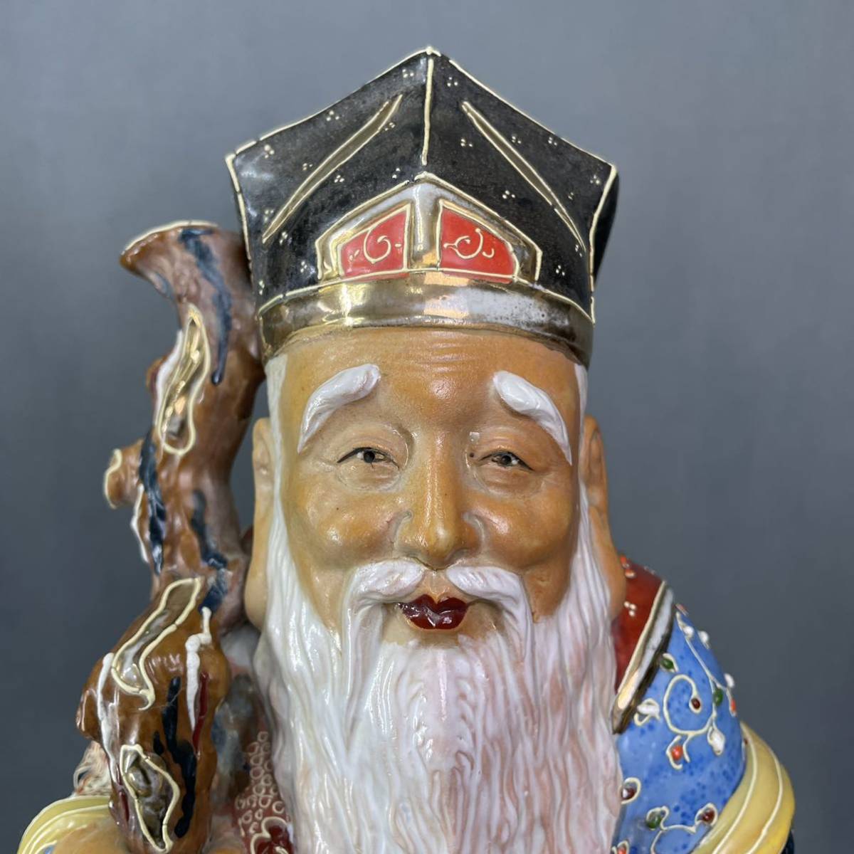 九谷焼 本金彩細密盛上技法 金襴手 寿老人像 高42cm 陶人形 置物