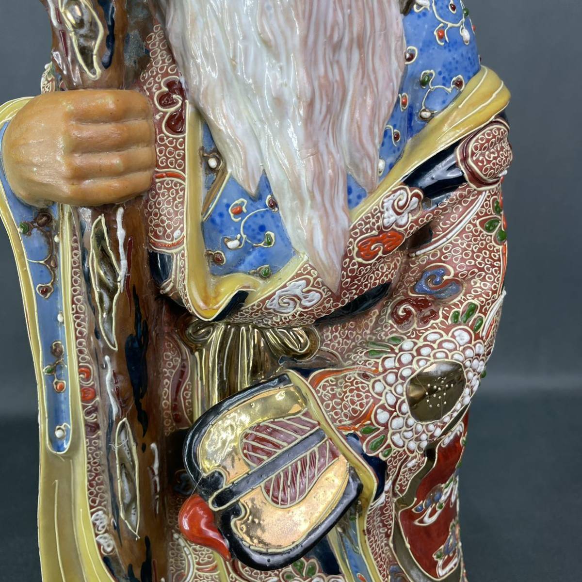 九谷焼 本金彩細密盛上技法 金襴手 寿老人像 高42cm 陶人形 置物