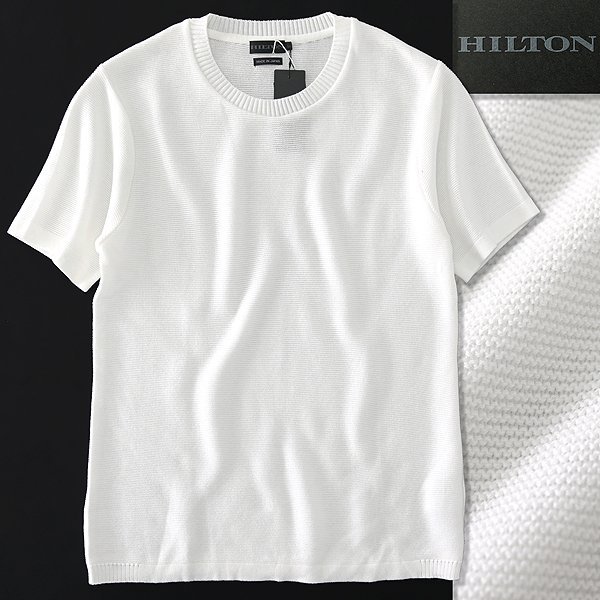 新品 ヒルトン 日本製 クルーネック 半袖 ニット プルオーバー M 白 【I59585】 春夏 メンズ HILTON 洗濯可 コットン 丸首 Tシャツ