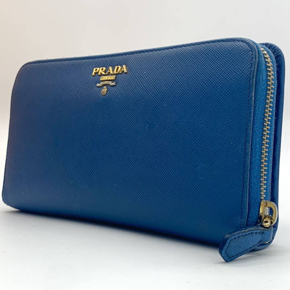 極美品【希少カラー ブルー】PRADA プラダ 長財布 オーガナイザー ラウンドファスナー レザー ロゴ メタル メンズ レディース ビジネス 1円