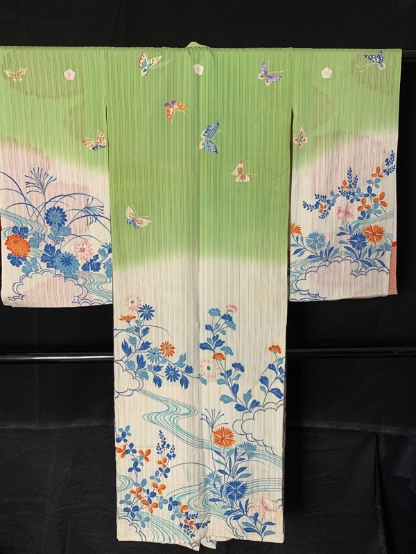☆きものさらさ アンティーク着物帯☆絽 夏着物 単衣 青地 鳥 カワセミ