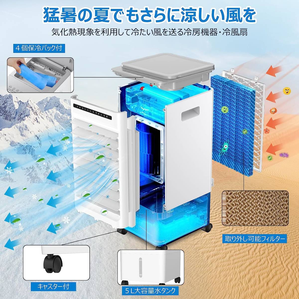 冷風機 強力 冷風扇 90°首振り スポットクーラー 5L水タンク 風量3段階 冷風機 強力 冷風扇 90°首振り スポットクーラー 5L水タンク 風量3段階