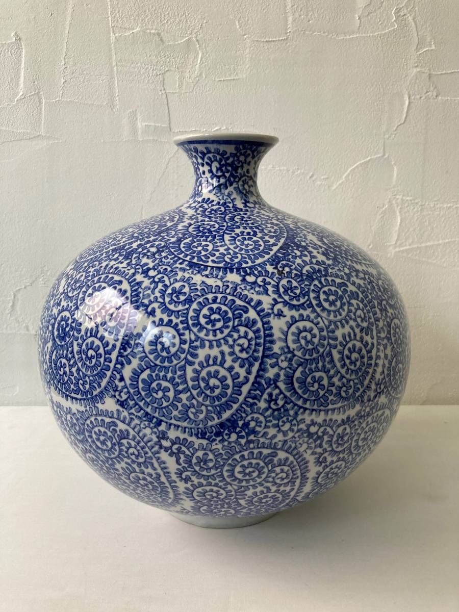 有田焼 古許窯 菊水作 全高34cm 染付 蛸唐草文壺 印判手 花入 花瓶 