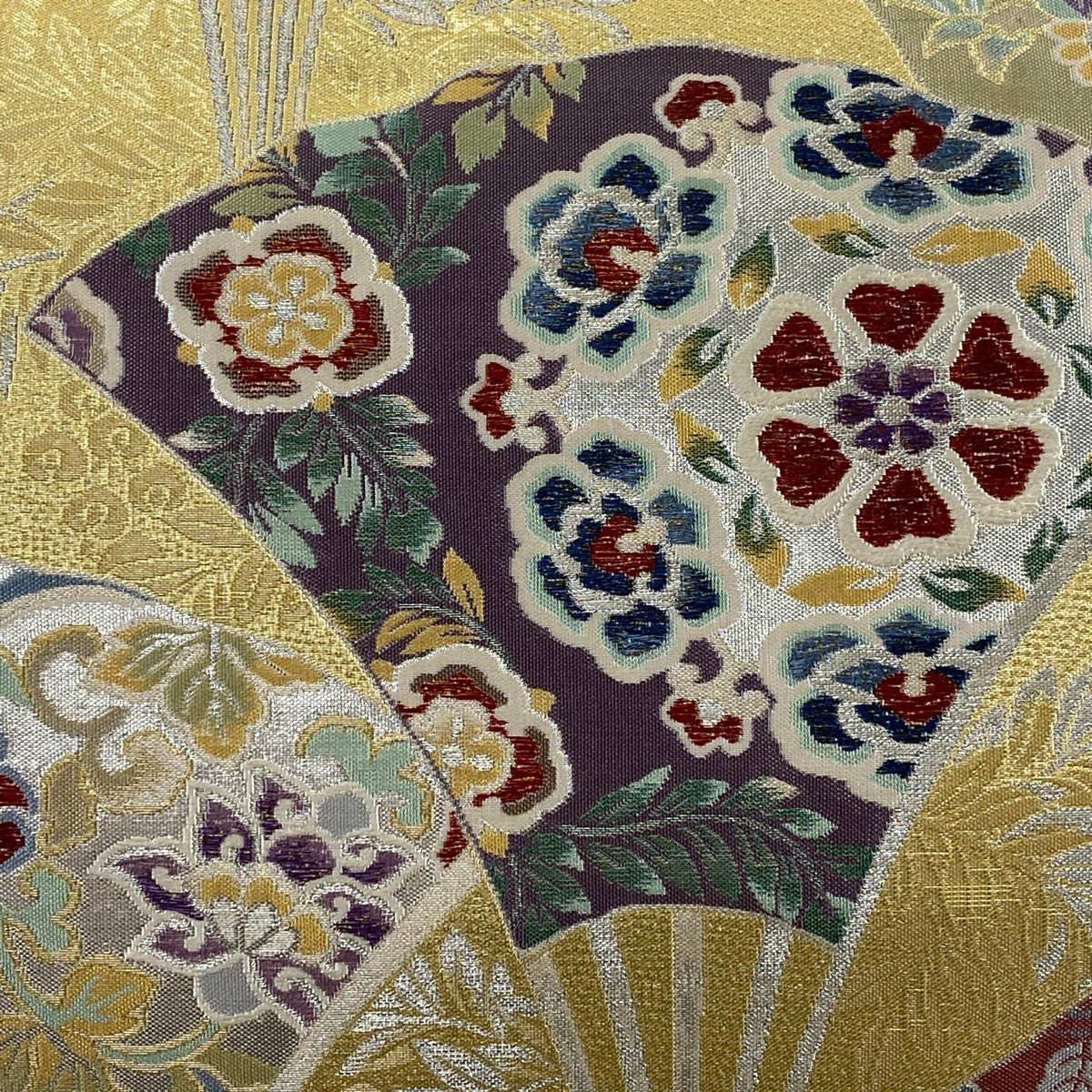 袋帯 美品 秀品 扇 華文 箔 金銀糸 金色 六通 正絹 【中古 