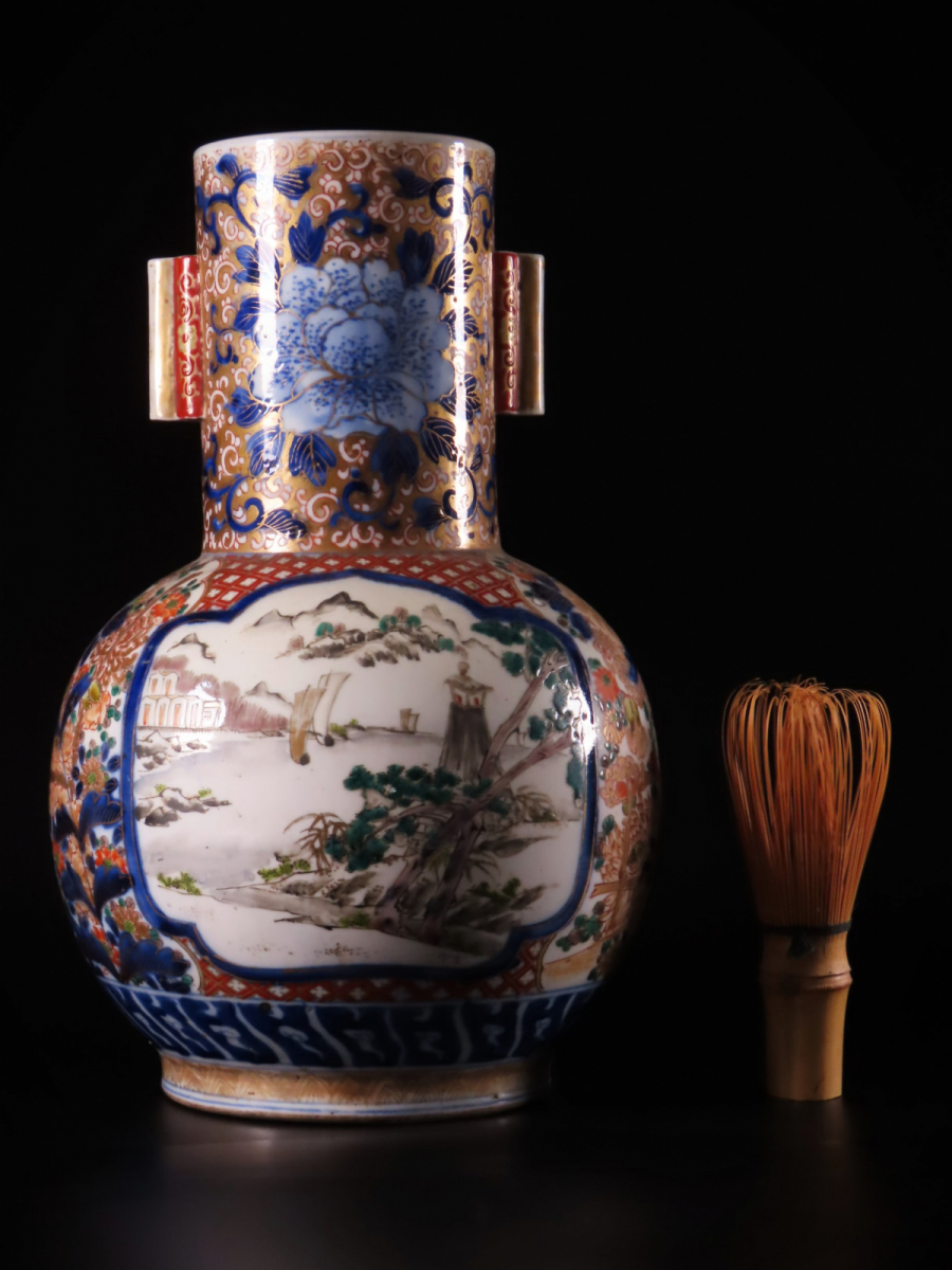 伊万里 色絵 金彩 染付 高さ約56cm 花瓶 花生 飾壷 飾瓶 晃】古伊万里 金襴手染錦色絵金彩山水風景図耳付花瓶 飾壷 高26cm