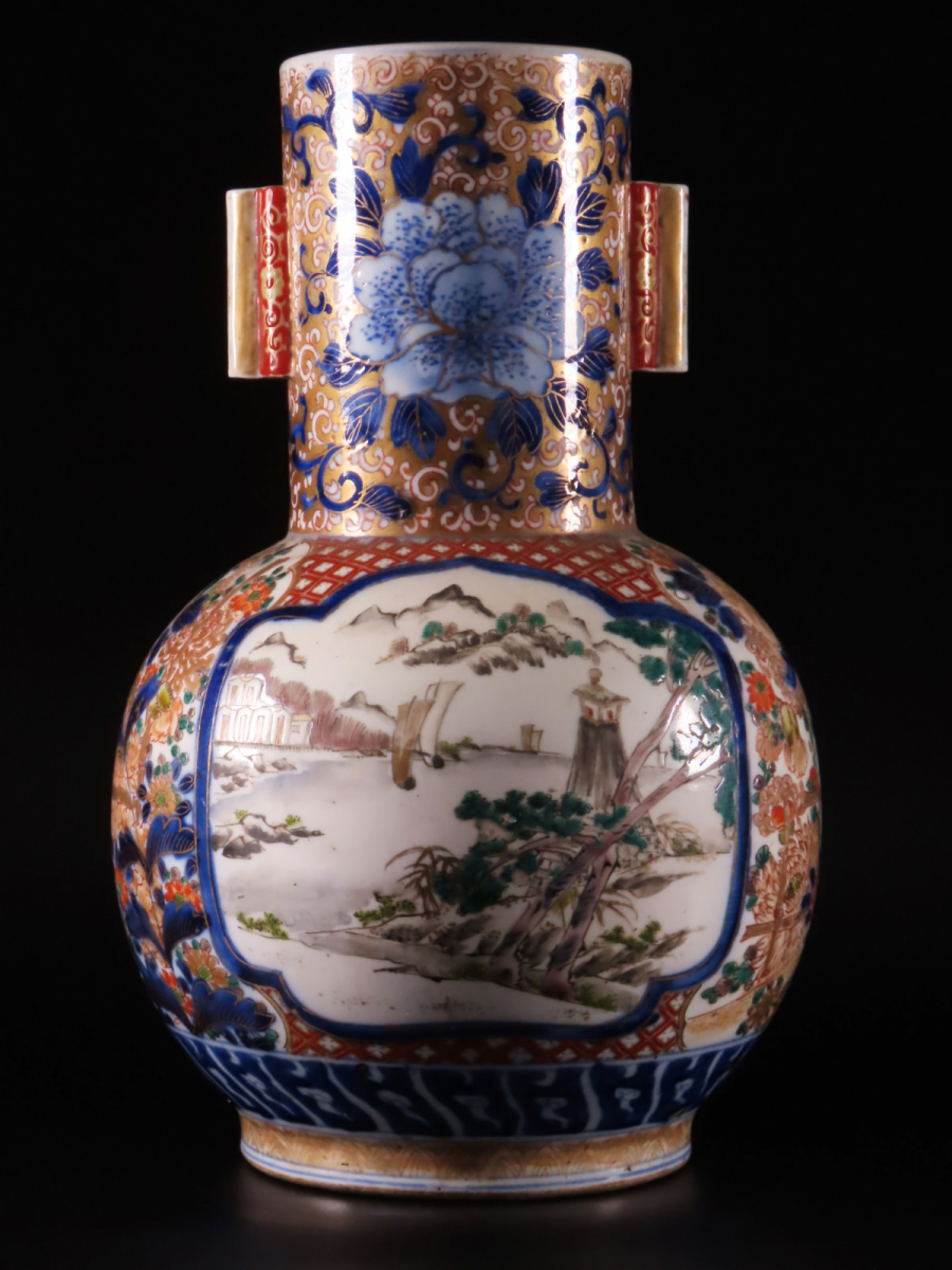 晃】古伊万里 金襴手染錦色絵金彩山水風景図耳付花瓶 飾壷 高26cm