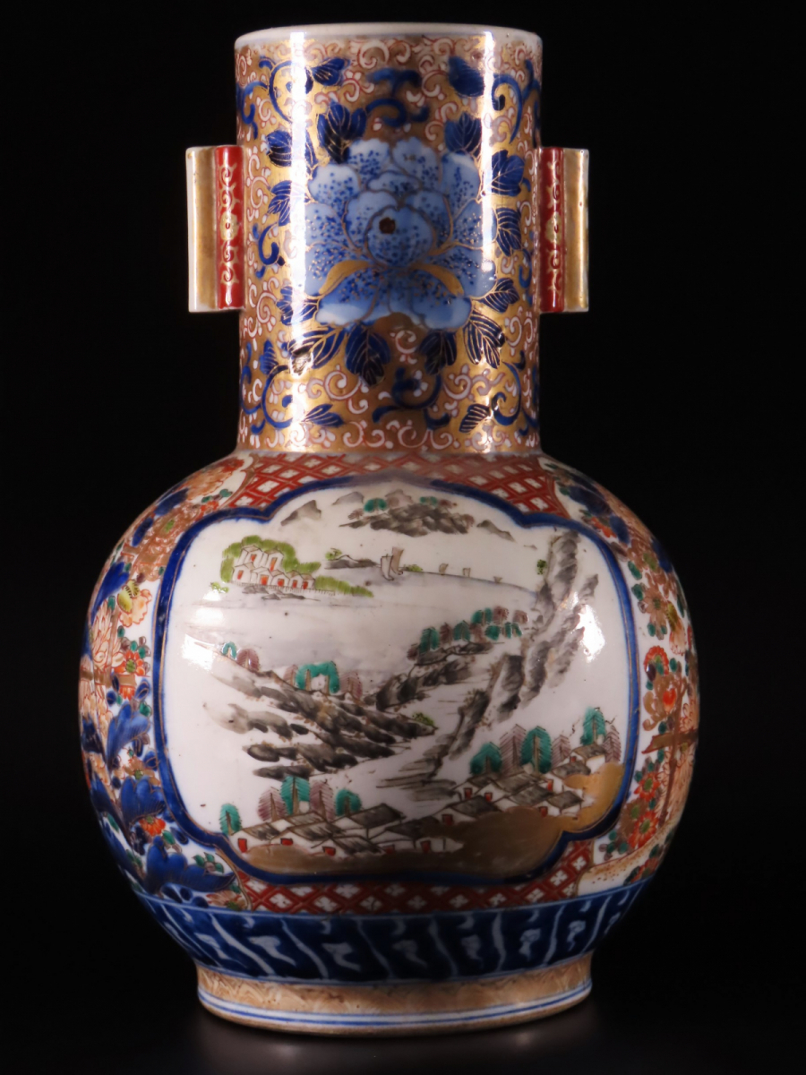 晃】古伊万里 金襴手染錦色絵金彩山水風景図耳付花瓶 飾壷 高26cm
