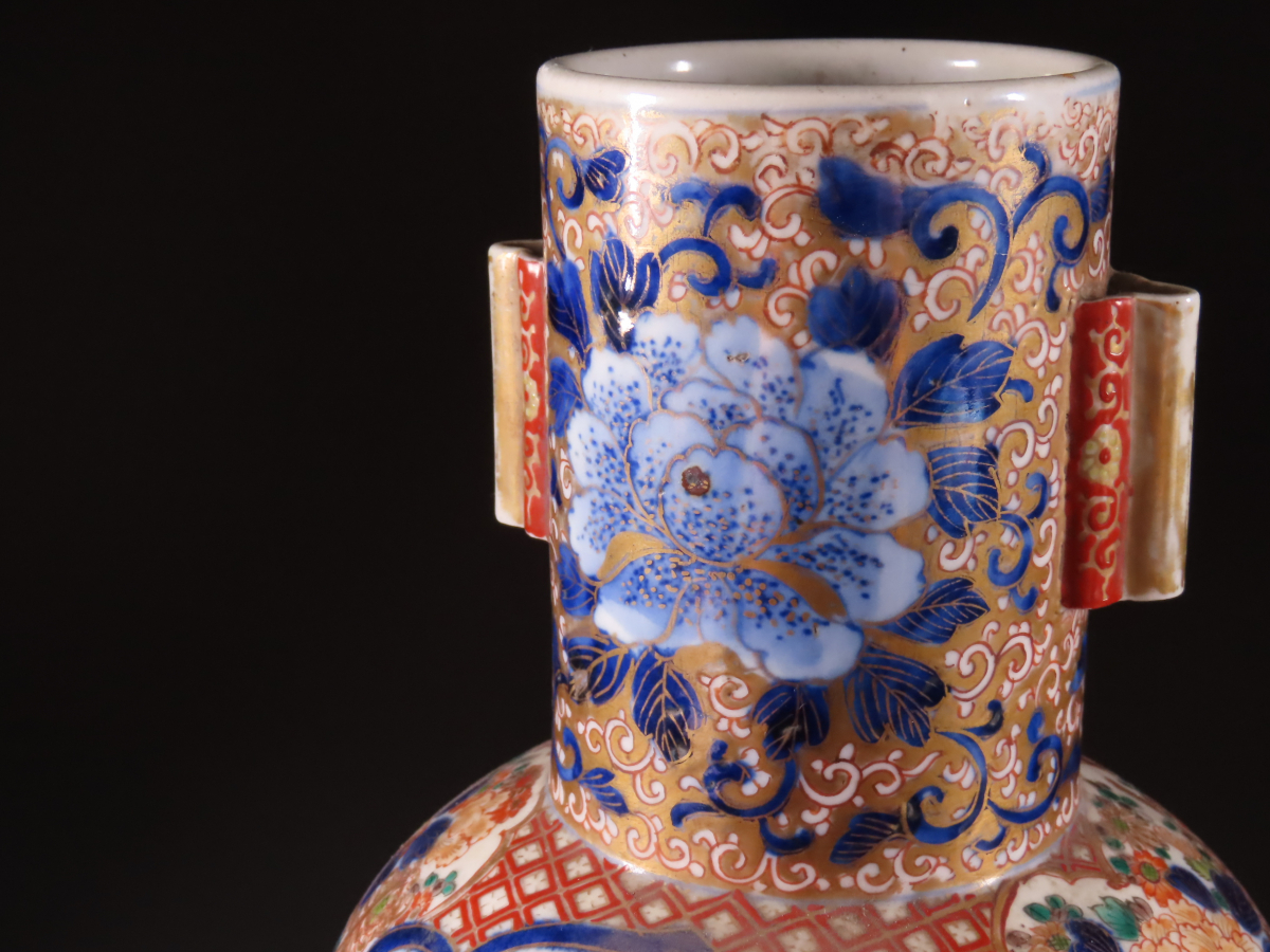 晃】古伊万里 金襴手染錦色絵金彩山水風景図耳付花瓶 飾壷 高26cm
