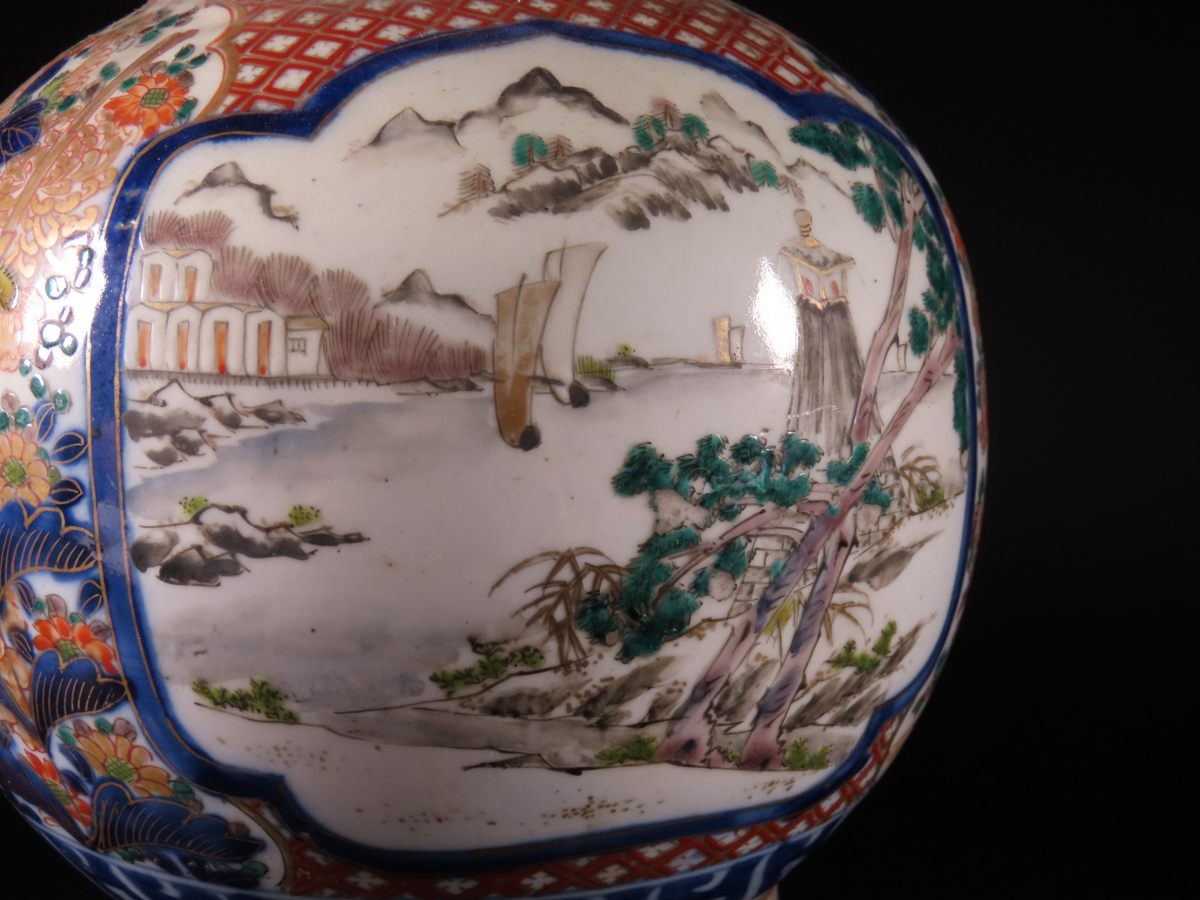 晃】古伊万里 金襴手染錦色絵金彩山水風景図耳付花瓶 飾壷 高26cm