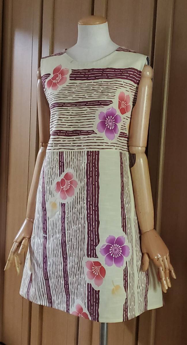 クリーム　えんじボーダー&ストライプ　お花　変わり織り　浴衣　反物　チュニック　綿100%　着物リメイク　ハンドメイド　コットン