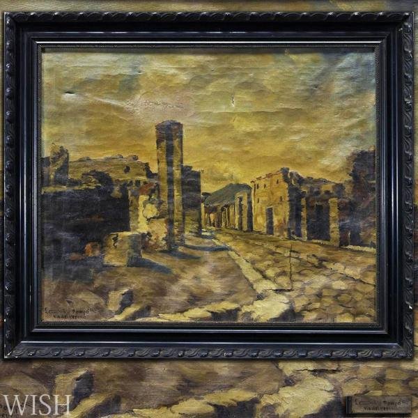 WISH】外国人作家 サイン有「pompei via del vesuvio」油彩 約12号