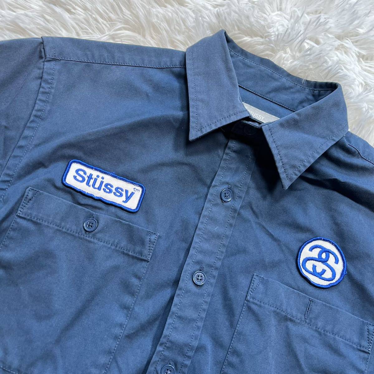 90s STUSSY ステューシー 半袖シャツ ワークシャツ 半袖 ネイビー ココ 