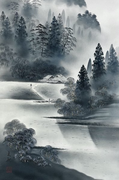 模写］文観「朝景山水」絹本 山水図 日本画 絵画 日本美術 人が書いた
