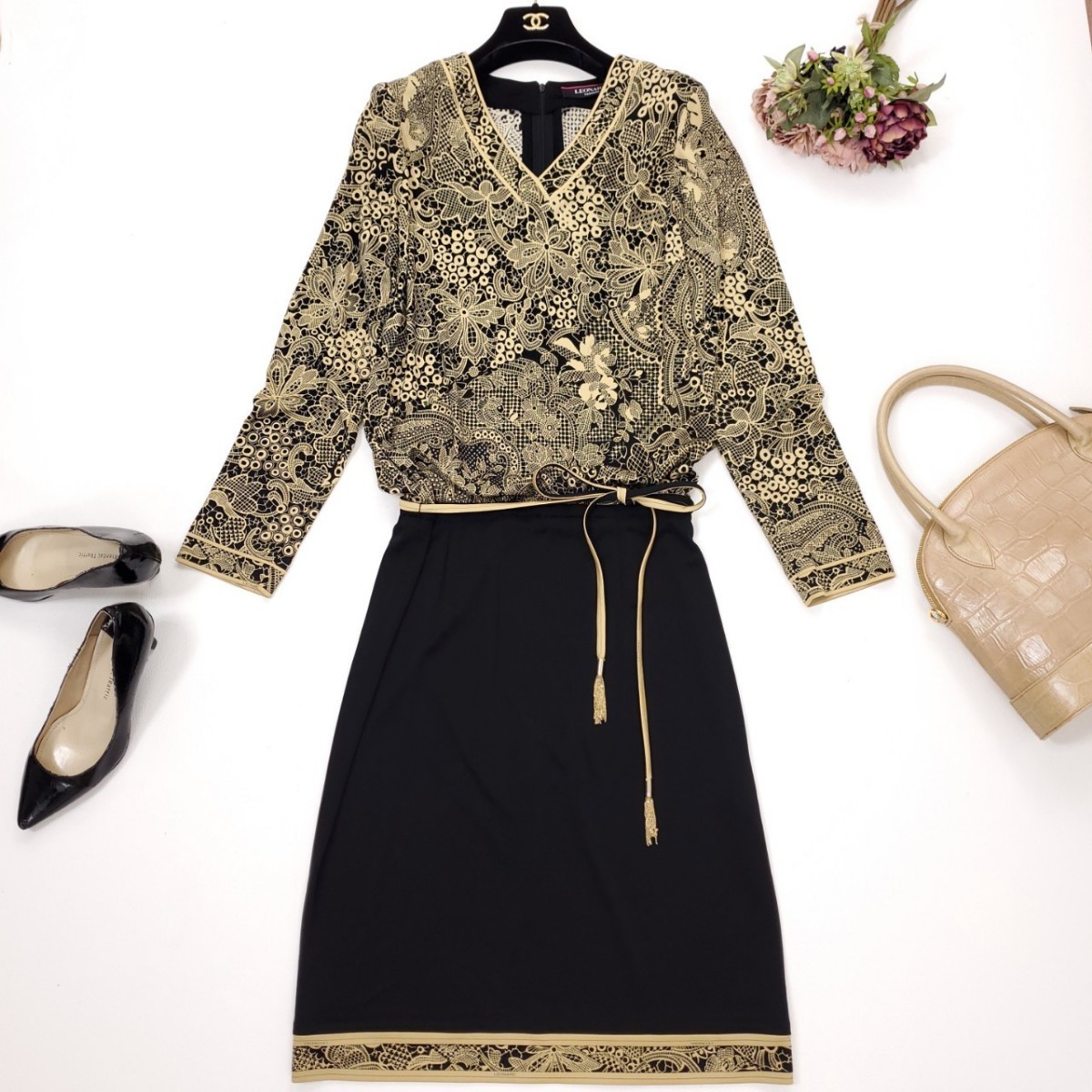 新品同様*近年★LEONARD レオナール★カンカン素材*きれい色イエローflower★フラワーレースプリント ロングワンピース ～SIZE40 L相当～