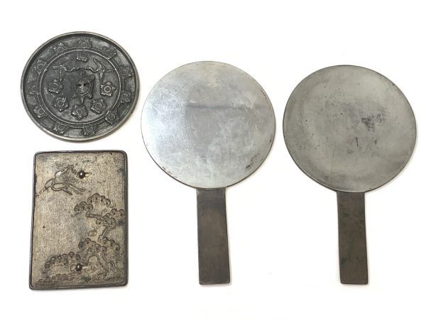 旧家蔵出 小さな銅鏡 4点まとめてセット 総重量320g 古鏡 6点まとめてセット 時代 鶴 亀 松文
