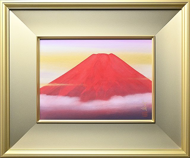 島田 智博「赤富士」日本画 落款 サイン入 共シール・F4 額装・タトウ