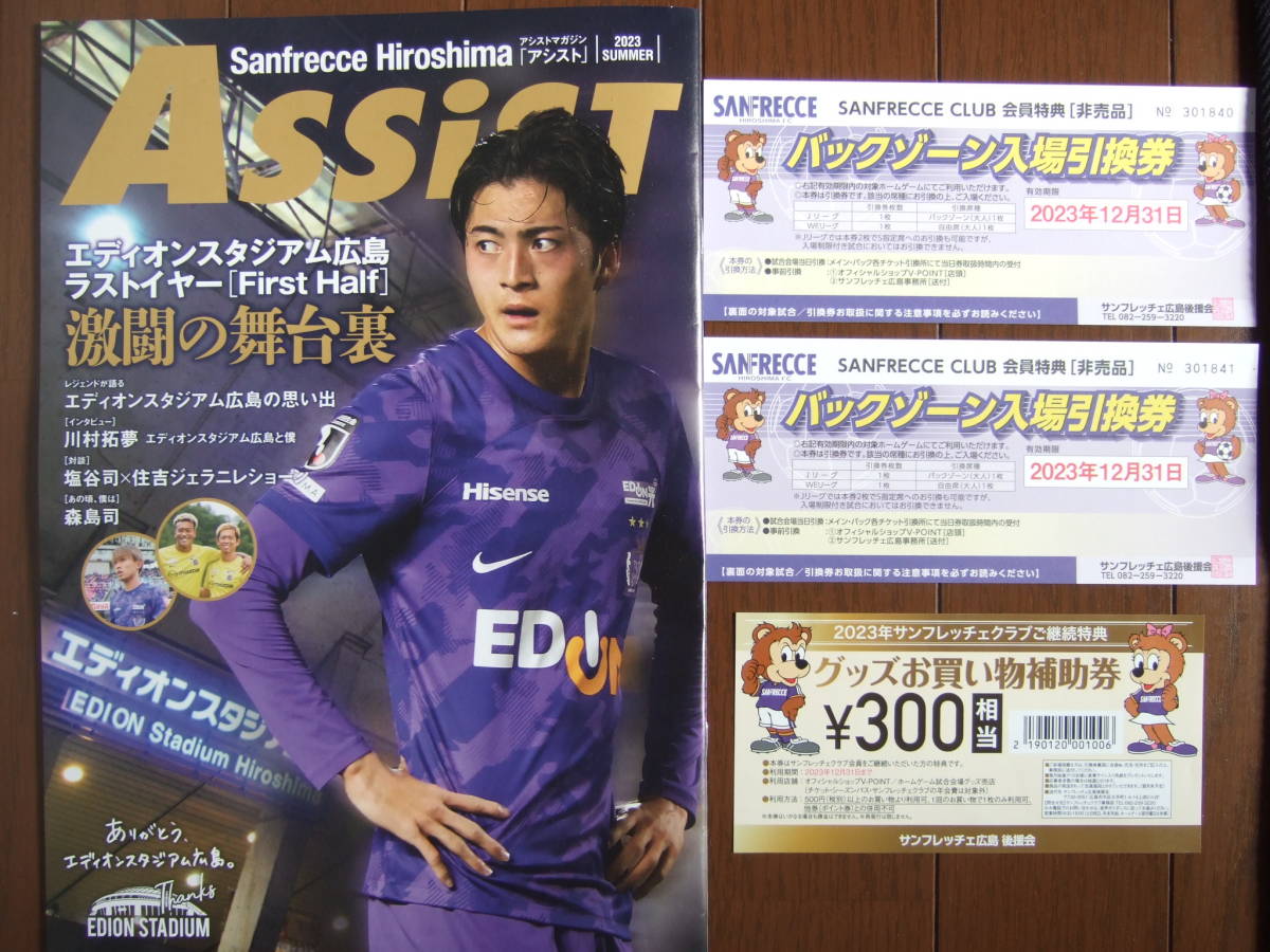即決！サンフレッチェ広島　バックスタンド自由シート入場引換券ペア 雑誌AssisT、グッズ買い物補助券付き