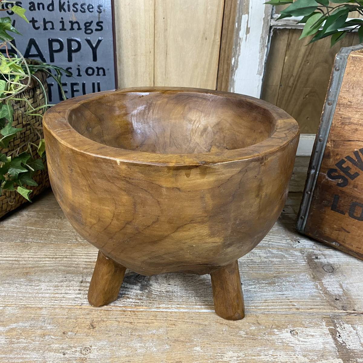 送料無料☆極厚創作品オールドチーク天然無垢三本足くりぬき丸花器特大サイズプランター小物入れナチュラルウッド、アジアンインテリア
