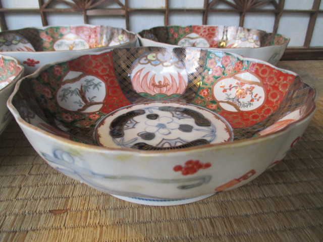 和》 伊万里焼 色絵金彩なます皿5客 大ぶり 輪花縁 松竹梅