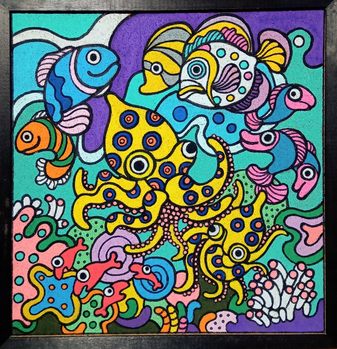 綺麗な海の生き物たち　ヒョウモンダコ　魚　サンゴ礁　海　　真作　肉筆　一点物　原画　動物画　絵画　インテリア　キモかわ　アクリル画