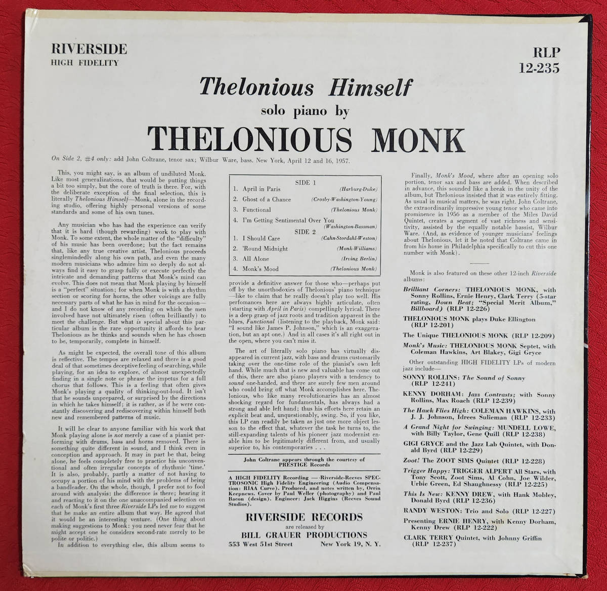 極美! US Riverside RLP 12-235 完全オリジナル Thelonious Himself 