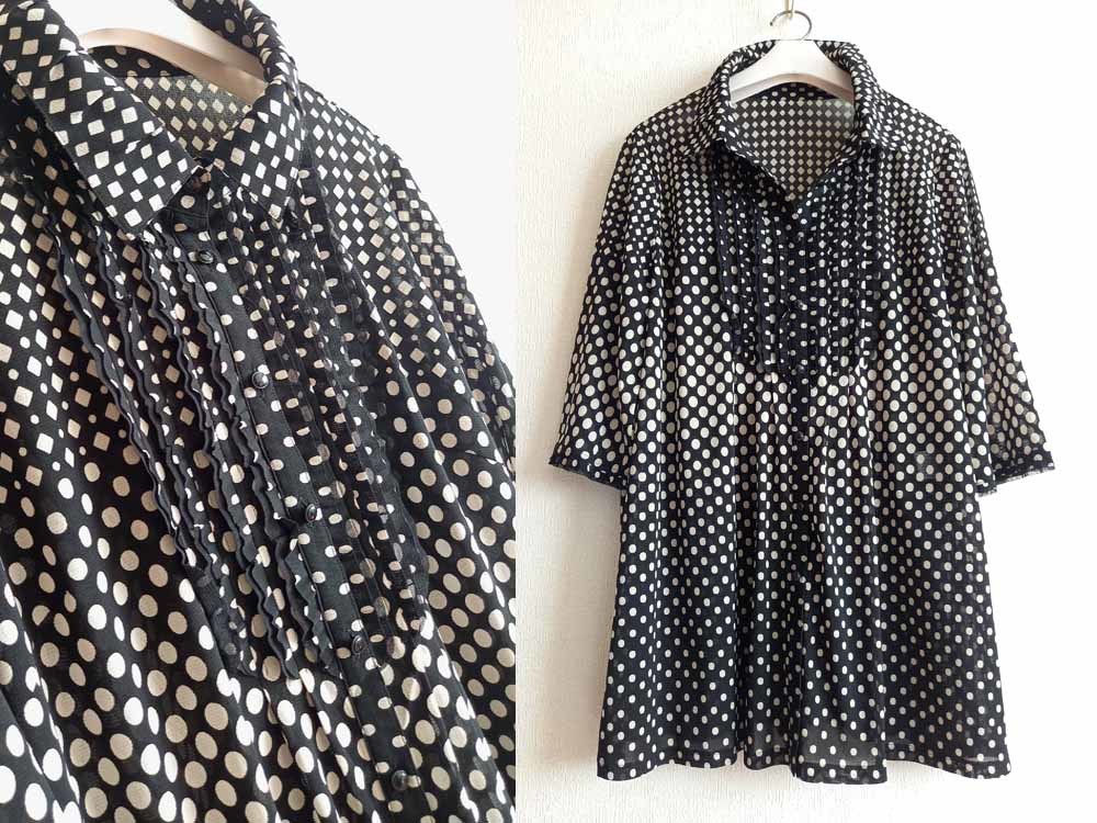 Leilian /レリアン メッシュジャージー ピンタックチュニックブラウス 七分袖 １３Ｍ～Ｌ/黒オフベージュ