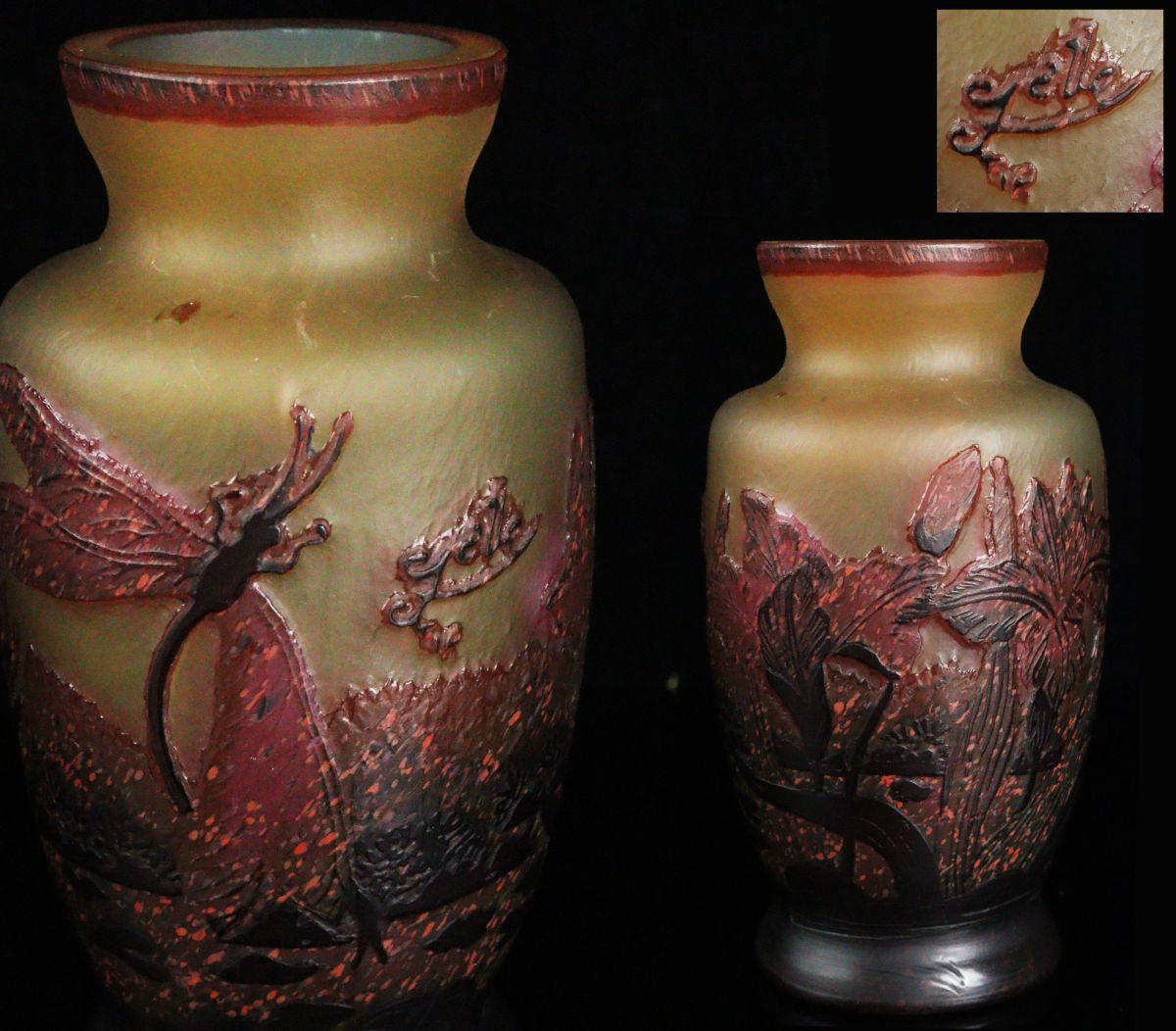 Emile Galle エミール・ガレ 花紋様蜻蛉図花瓶 多層被せガラス 高さ16.5cm