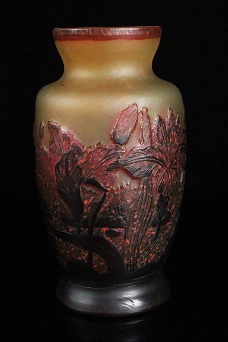 Emile Galle エミール・ガレ 花紋様蜻蛉図花瓶 多層被せガラス 高さ16.5cm