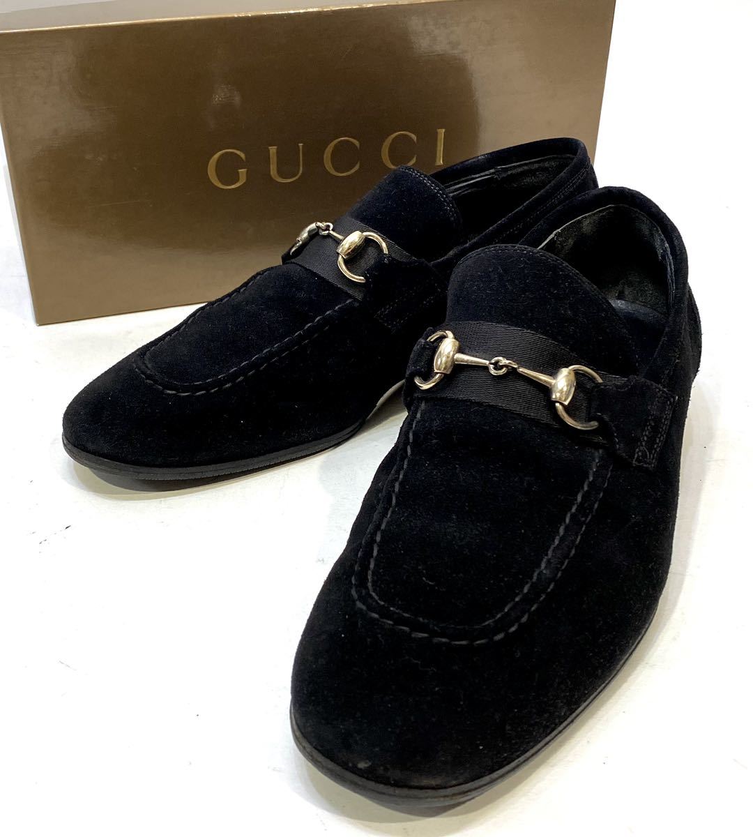 GUCCI MENS ホースビット スエードローファー 1532 グッチ モカシンshoes スリッポン ドレス ビジネス 革靴 ブラック41E 26cm