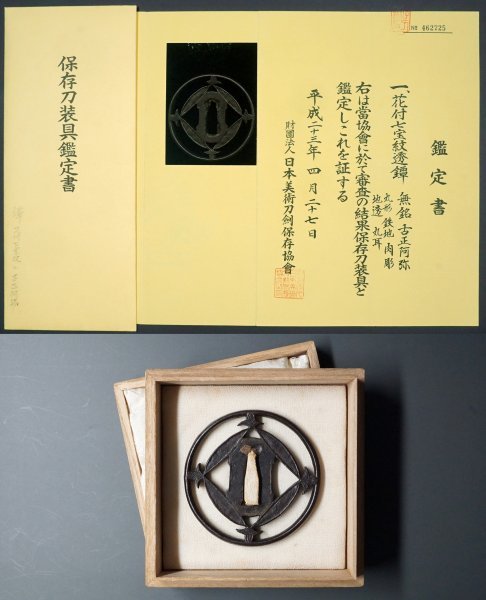 鍔 保存刀装具鑑定書 無銘 正阿弥 竪丸形 鉄地 地透 丸耳 箱付 鍔 無銘