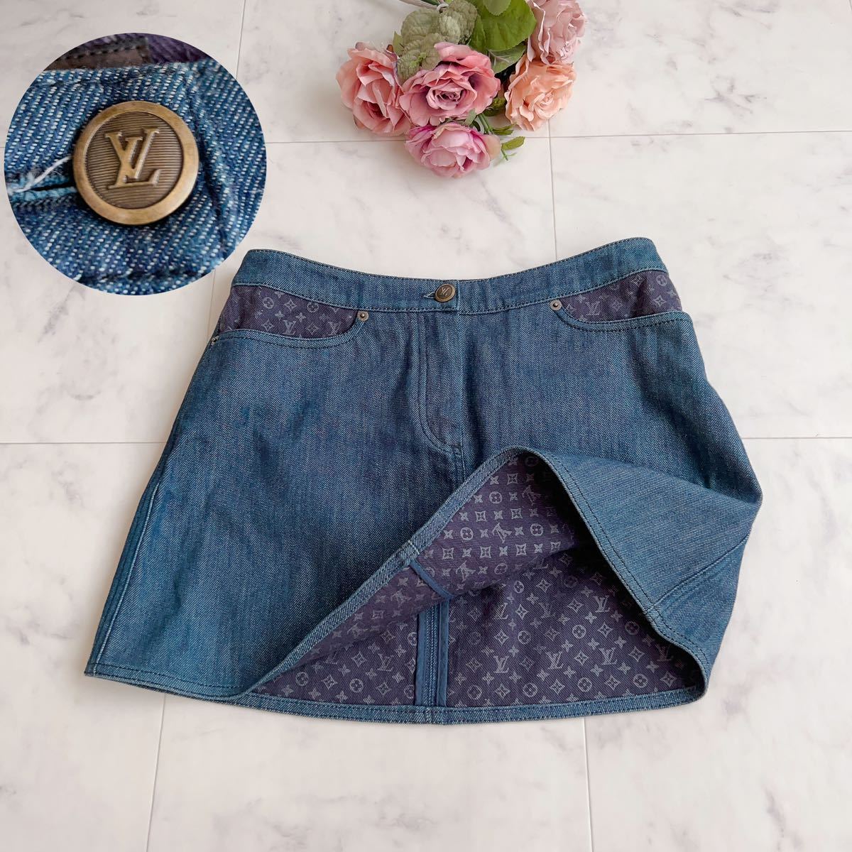 極美品*ルイヴィトン LOUIS VUITTON モノグラム デニム スカート ミニ LVロゴボタン 国内正規品 サイズ38