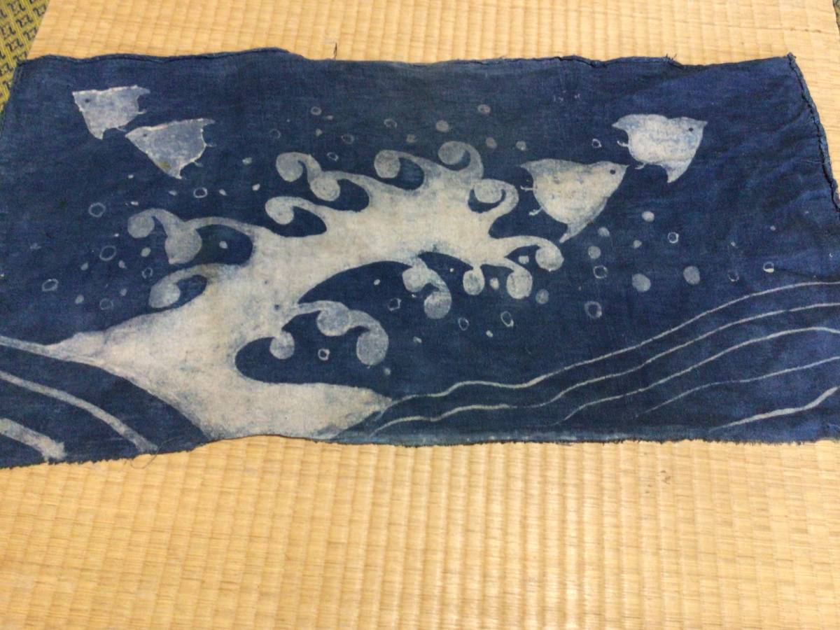 はなだの古布：：波千鳥筒描きはぎれ 襤褸 古布 古裂 No208 鳳凰