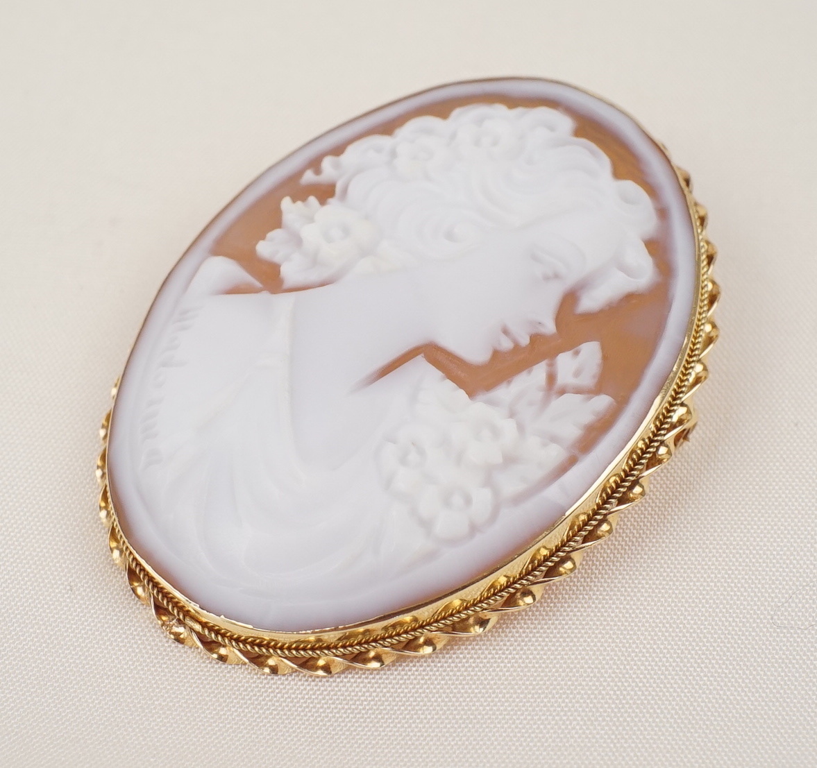 美品 カメオ K18 750 シェルカメオ ブローチ ペンダント トップ 花