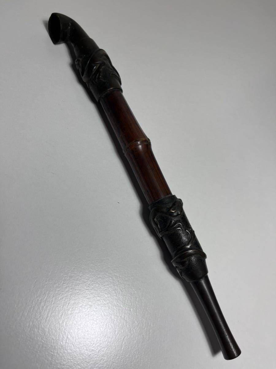 【b】キセル　竹　パイプ　喫煙具　長さ約25cm 龍　銅　珍品