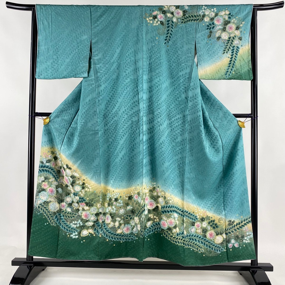 訪問着 身丈155.5cm 裄丈65cm M 袷 辻が花 染め分け ぼかし 青緑 正絹 美品 名品 【中古】