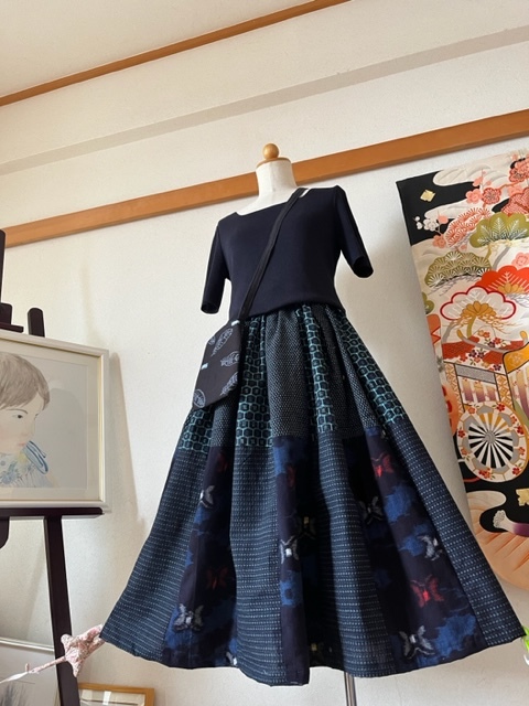 4694/美品～久留米絣/書生絣など、久留米絣4種でスカート着物リメイク