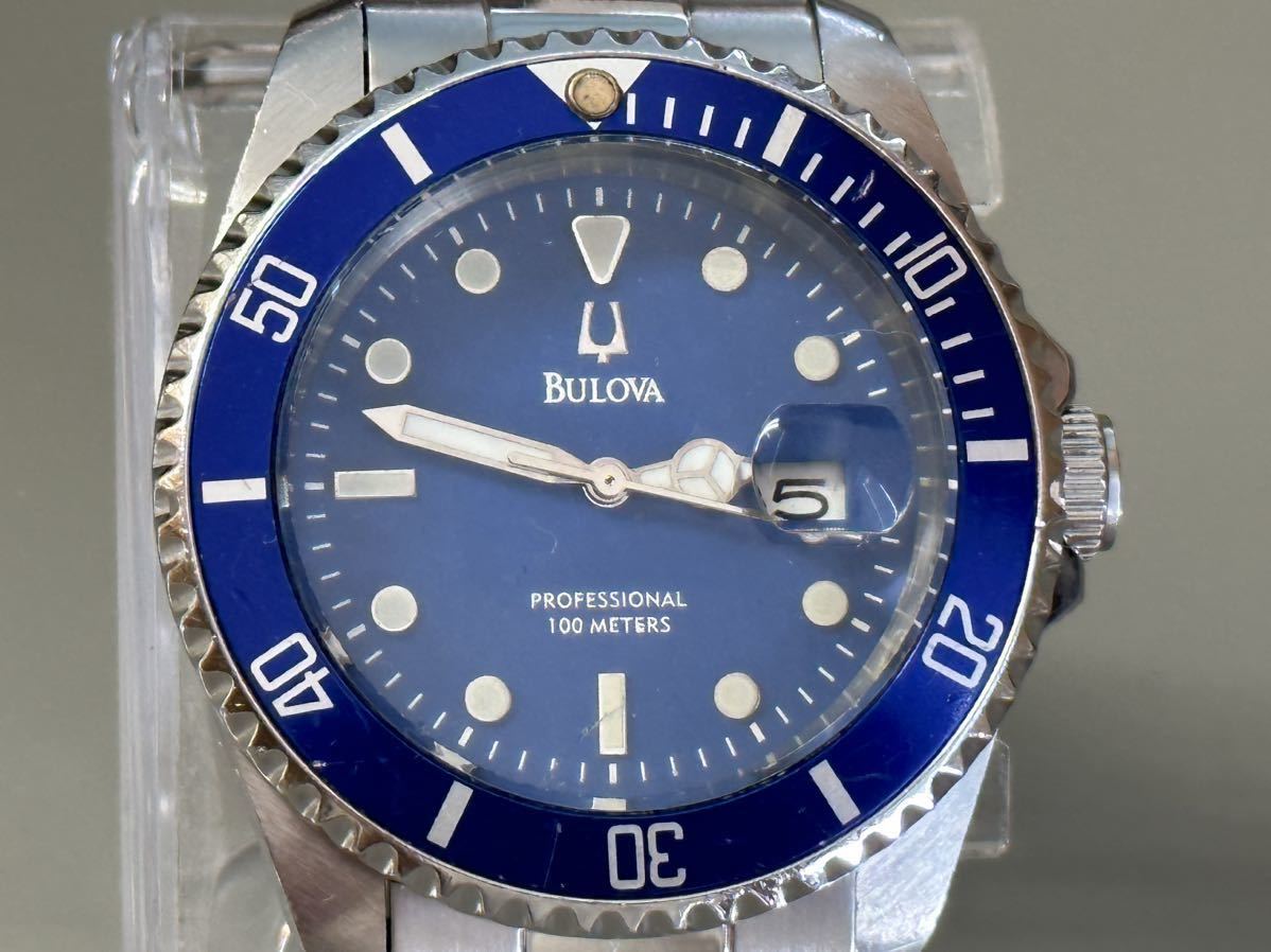 1円〜◇ブローバ BULOVA プロフェッショナル100M ダイバー 93181 サブマリーナタイプ 回転ベゼル ブルー クォーツ メンズ腕時計 稼働品 