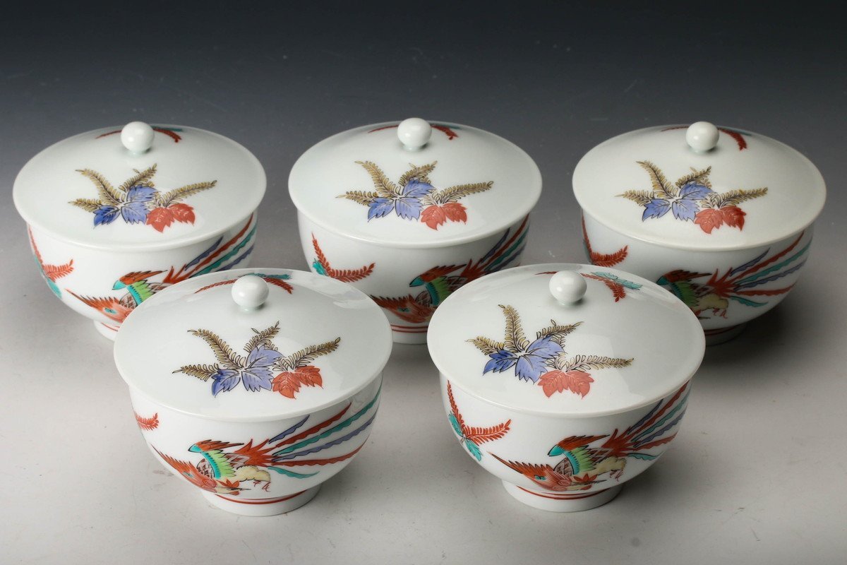 十五代 酒井田柿右衛門 本人作品 濁手 菊文 汲出碗(五客揃) 共箱 十五