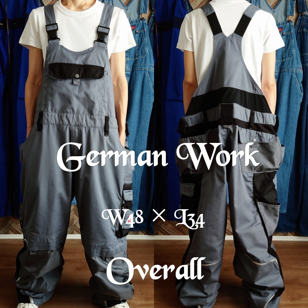 German ドイツ ユーロワーク ダブルニーオーバーオール サロペット 古着 W48【YOA1115】