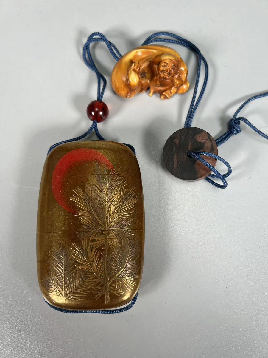 L0201BD 時代物 松花斎 芝山象嵌 根付 友正作 御印籠 蒔絵印籠 能面