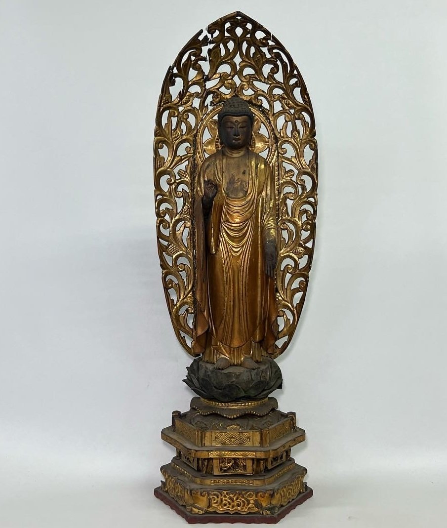 京全】時代物 木彫玉眼入釈迦如来立像 仏像 木彫 塗金 細密彫刻